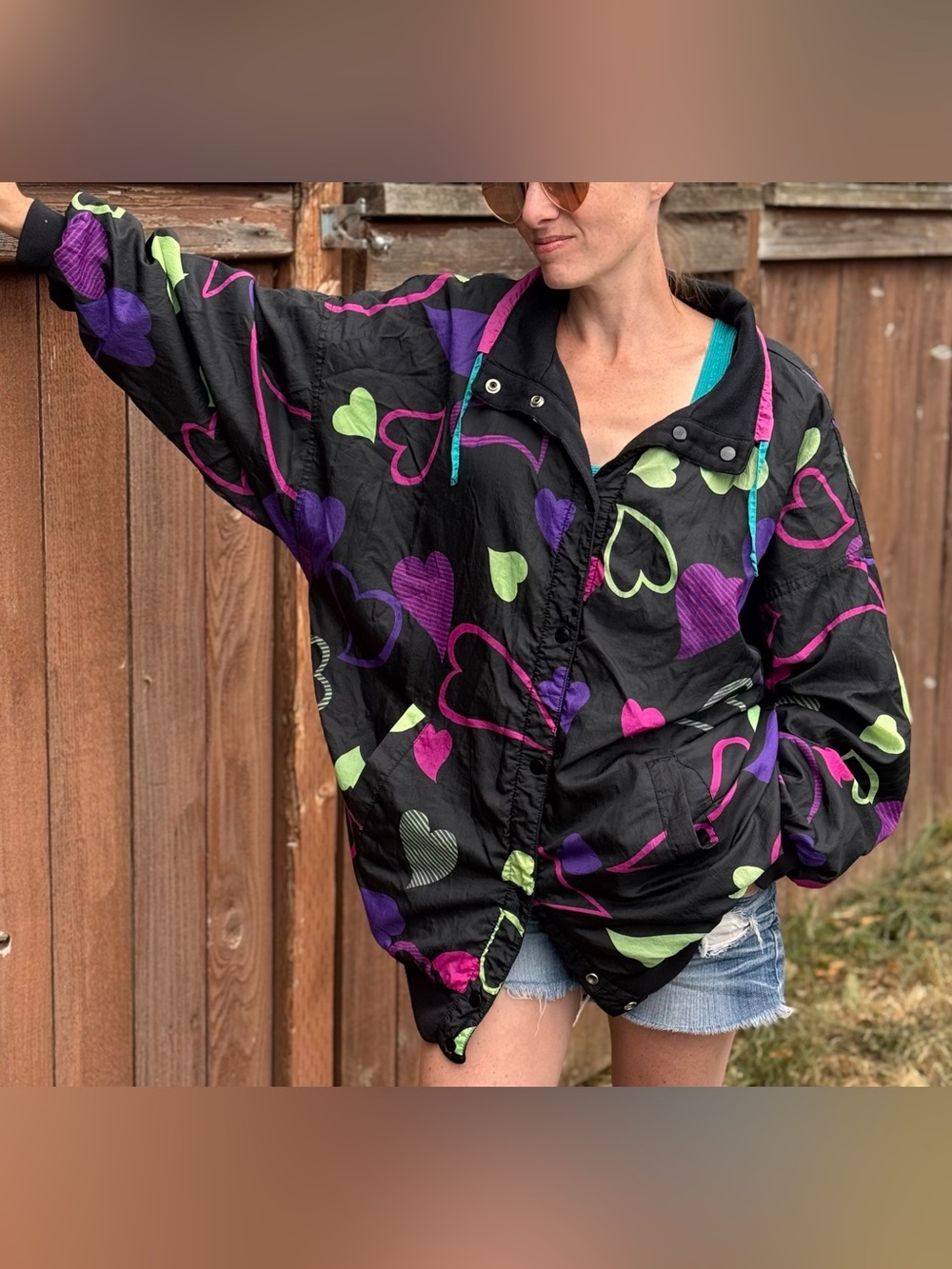 Vintage 90s Neon Heart Windbreaker Jacket 2X Oversized Retro Festival Streetwear